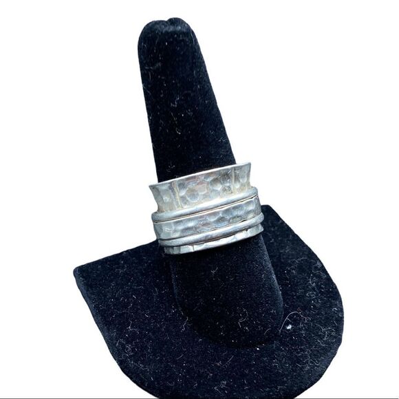 Sterling silver 925 marked B-M 3 band spinner ring hammered look to metal - Picture 3 of 9